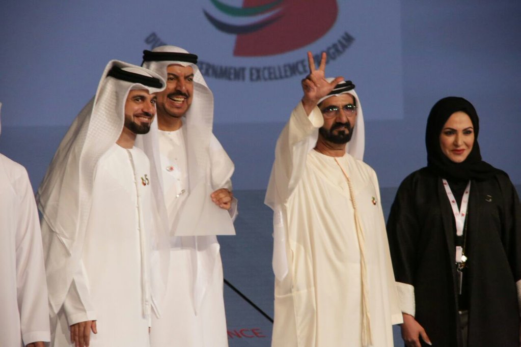 ​Image :  His Highness Sheikh Mohammed looms victory signs to DSC's staff